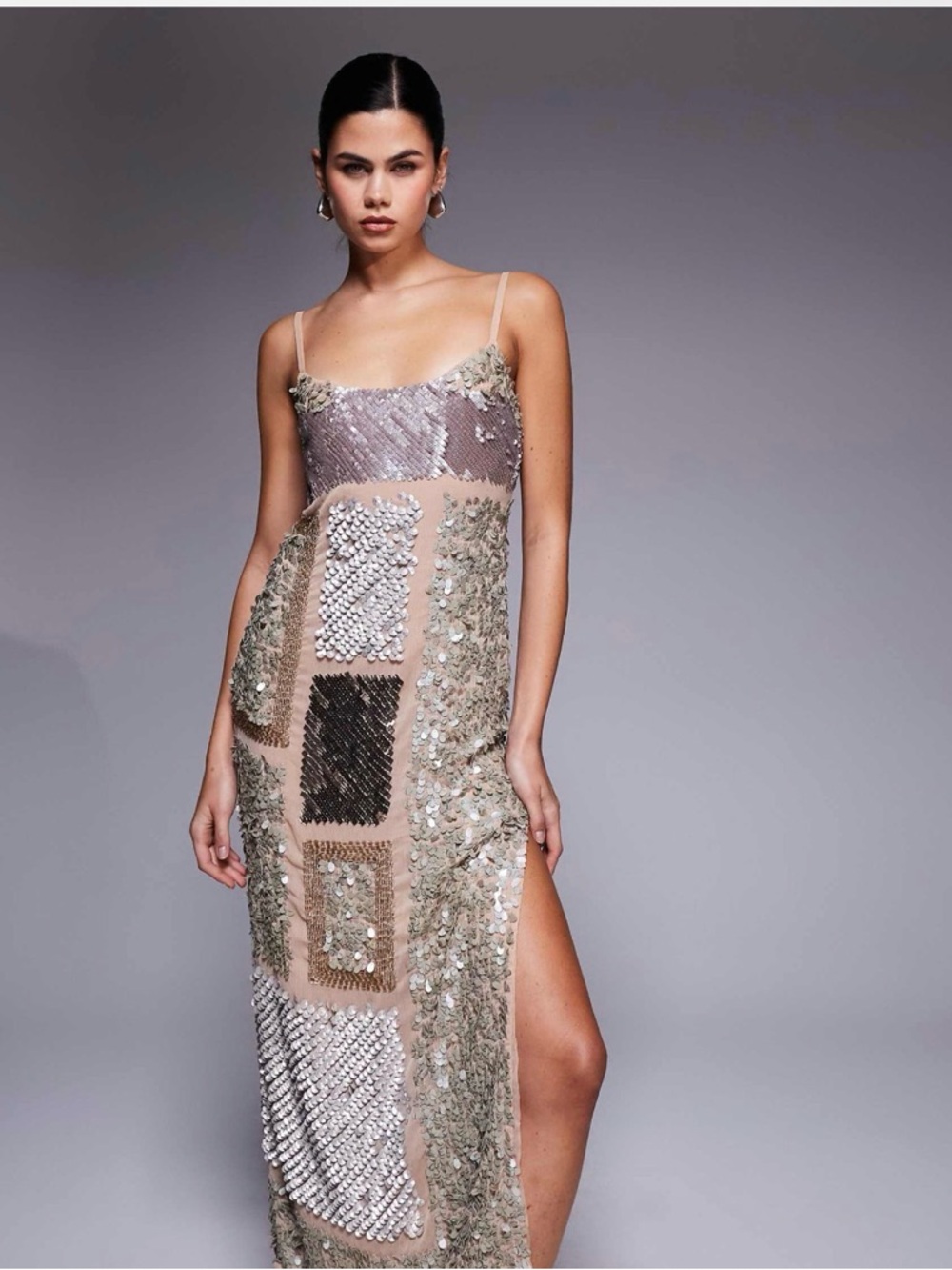 ASOS Nude and Silver Sequin Patchwork High-Low Slip Dress